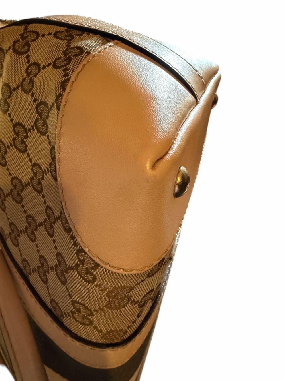✨ PRISTINE ✨ Gucci GG Monogram Canvas Web Stripe Tote Bag – Tan Leather - Picture 11 of 14